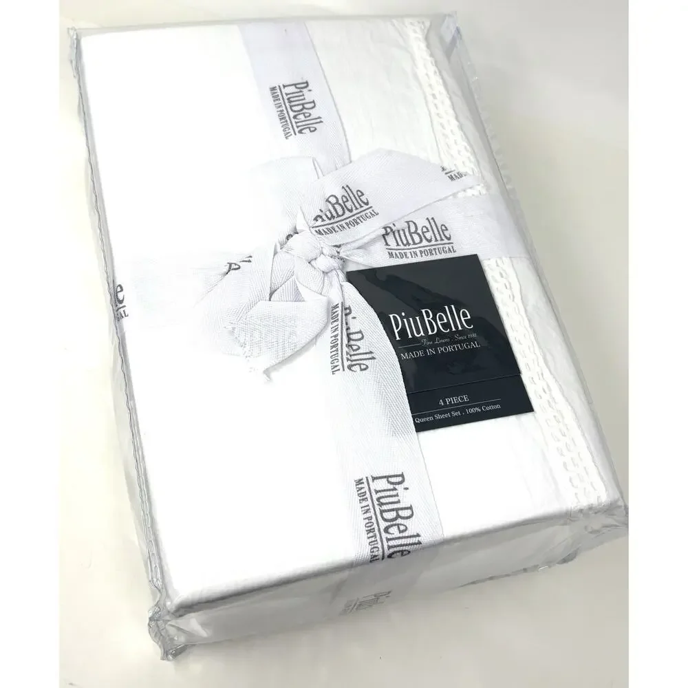 PiuBelle White Queen Sheet Set 100% Cotton Crochet Border Trim NWT Portugal
